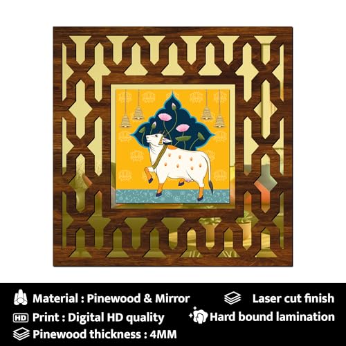 Image of Wooden Pichwai Cow Mirror Wall Decor Panel for Home Decor Living Room Bed Room Office (AD5, 12X12 Inches, Set of 2)