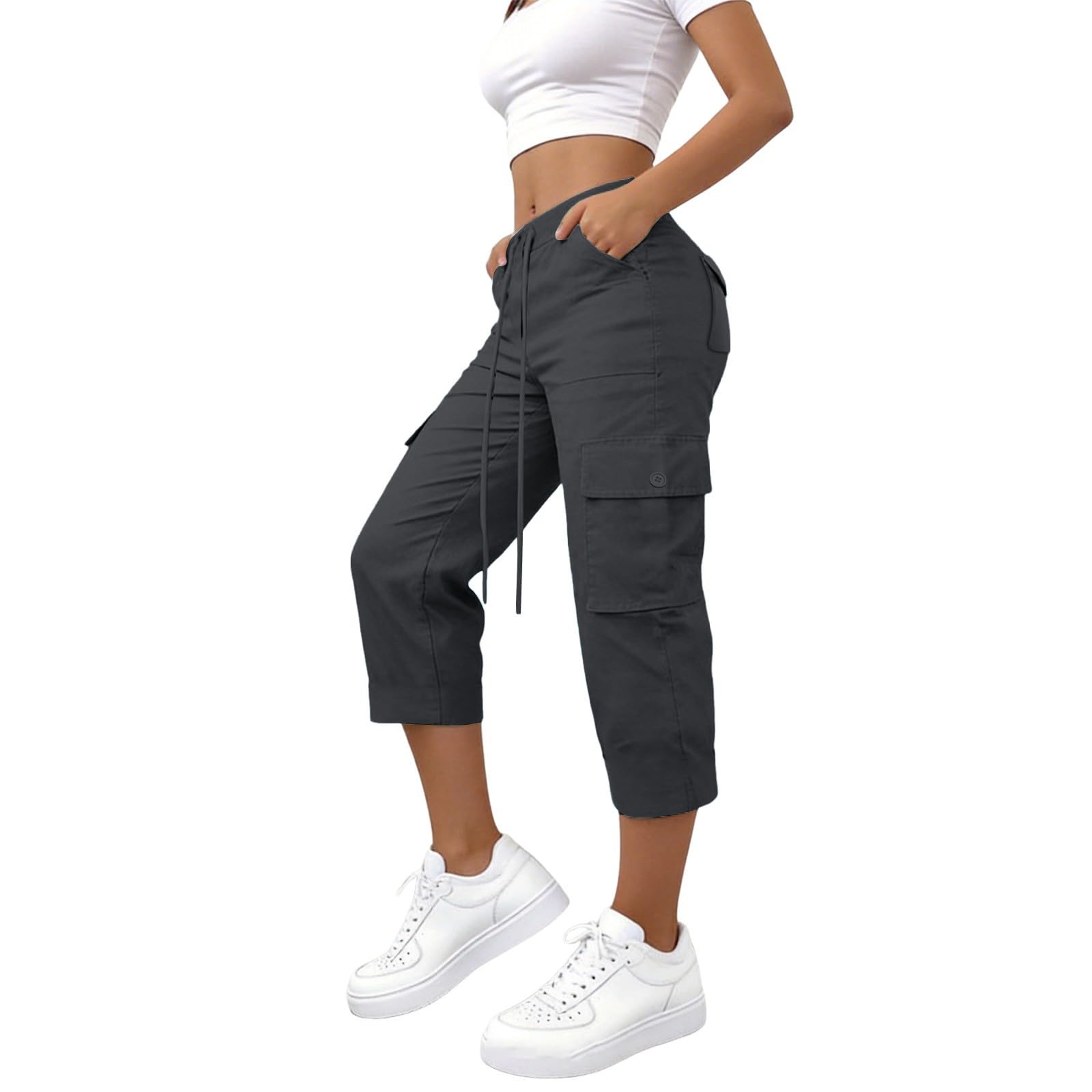 Generisch Pantaloni capri da donna a 3/4, sportivi, casual, alla moda, leggeri e traspiranti, per il tempo libero, traspiranti, con tasche laterali, per tutti i giorni
