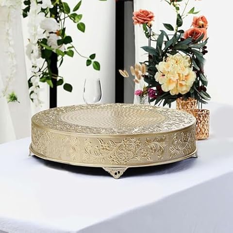 Efavormart 22 inch Gold Round Embossed Metal Cake Plateau Stand Riser Wedding Birthday Party Dessert Cake Pedestal Display Plate Cover