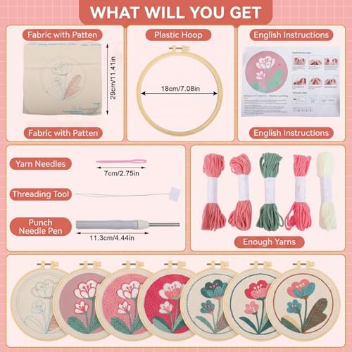 Image of PATPAT DIY Punch Needle Embroidery Kit, 8 Inch Floral Punch Needle Craft Set with Pre-Printed Fabric, Embroidery Hoop, Yarn & Punch Needle Tool, DIY Flower Tufting Starter Kit for Adults & Teens.