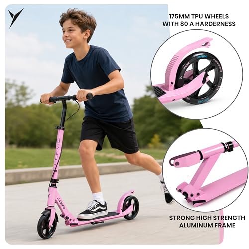 Image of Jaspo Fervid Kick Scooter for Kids & Adults | 175mm TPU Wheels 80A Hardness | ABEC-9 Bearings | Foldable Aluminum Frame | 3-Level Height Adjustable | Anti-Skid Deck, Soft TPR Grip | Max Load 120kg