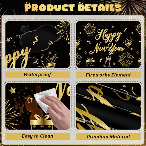 Image of 3 Pack New Years Eve Tablecloth, 108 x 54 Inches Disposable Plastic NYE Table Cover 2026, Rectangle New Years Tablecloth with Black Gold Firework Design, Waterproof Table Cover for Nye Party Supplies