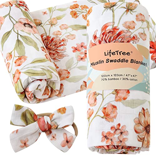Image of LifeTree Neutral Newborn Swaddle Sets: Muslin Swaddle Blankets, Floral Wrap, 47 x 47 inches - Viscose from Bamboo Cotton