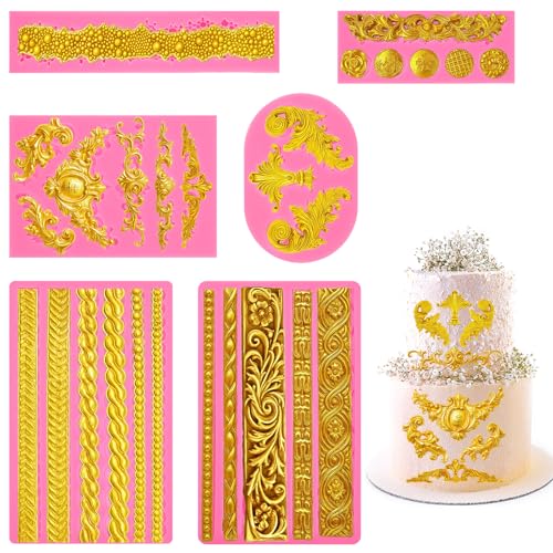 6Pcs Baroque Embossed Cake Decorating Mold, Silicone Fondant Molds Cake Border Fondant Molds for Chocolate Candy Mousse Butter Biscuit Marzipan Sugar Craft Cakes