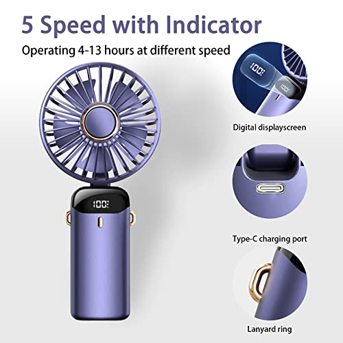 Waudm Handheld Fan,Portable Personal Fan,5000Mah Rechargeable,5 Speeds With Led Display,90° Adjustable,Mini Desk Fan With 8-14H Working Time Purple #TOP1