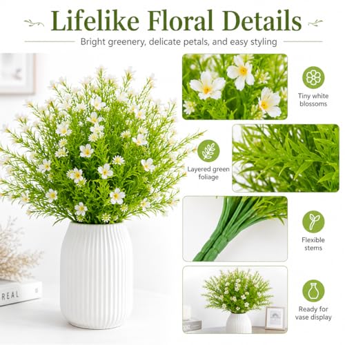RAINFLOW White Artificial Flowers - 3PCS Fake Flowers Daisy Decor Faux Plastic Flowers Bouquet Fake Plants for Home Room Window Wedding Tables Centerpieces Party Decoration image 1