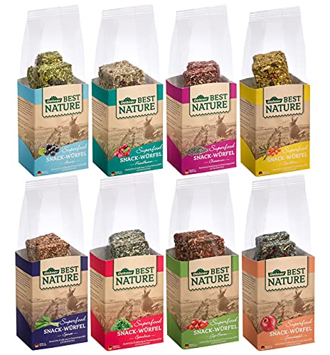 Dehner Best Nature Nagersnack, Superfood Würfel getreidefrei, für Zwergkaninchen / Nager, Kräuter / Gemüse / Goji-Beeren, im Mix, 8 x 90 g (720 g)