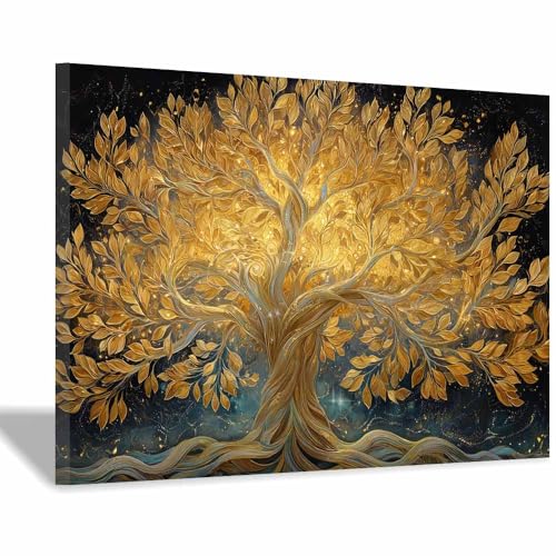 Peintures arbre aux branches entrelacées design doré de prestige 50x70cm par ZAMAEIU