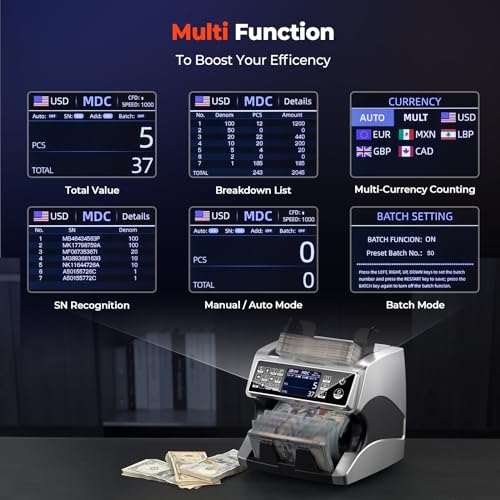 Image of MUNBYN IMC01 Bank Grade Money Counter Machine Mixed Denomination, 2CIS /UV /IR /MG /MT Counterfeit Detection, Serial Number, MUL Currency Cash Counter, Printer Compatible, 2Y Warranty (Silver)