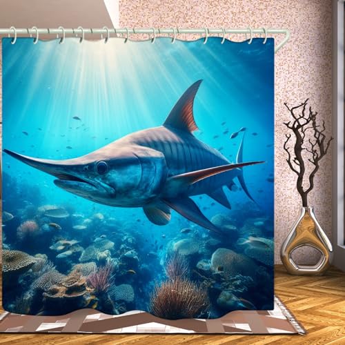 Image of LYFANS Bathroom Using Undersea Swordfish 3D Shower Curtains, Luxury Bathtub Standard Shower Curtain, Waterproof and Bright Fabric Shower Curtain, Size (72x72 Inches)