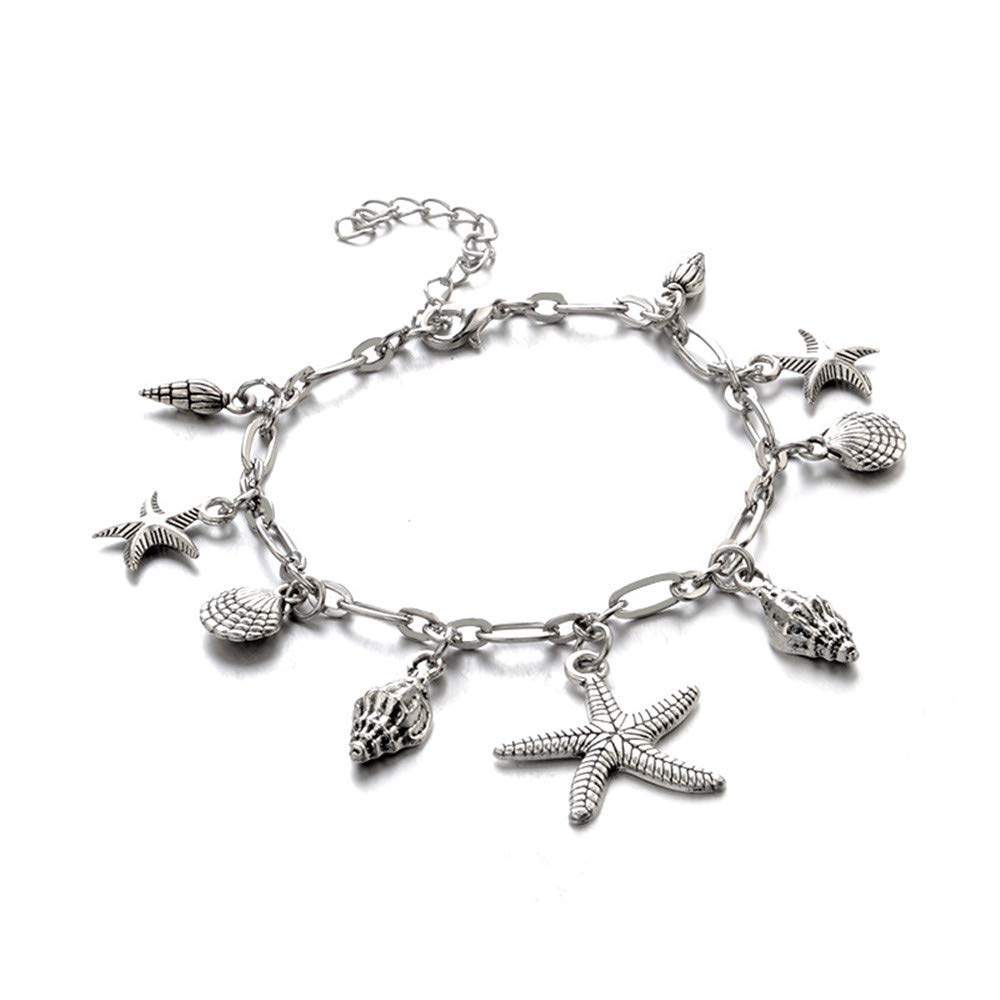 Tobillera De Playa De Verano, Tobillera De Cadena Plateada Vintage Bohemia con Colgante De Concha De Vieira De Estrella De Mar, Sandalia De Playa Encantadora De,