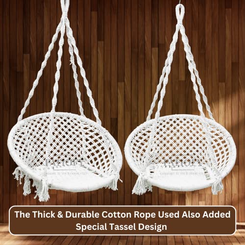 Image of Swing for Adults /Jhula for Adults /Wooden Swing for Living Room /Swing for Balcony /Swing Chair /Swing for Adults for Home /Large Cotton Round Hammock Hanging Swing (White-32 Inches) by Patiofy