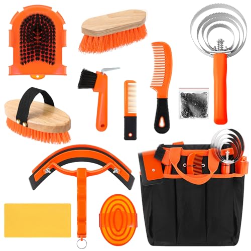 Abbylike 12 Pieces Horse Grooming Kit with Organizer Tote Bag Tack Room Supplies Horse Brush Sets Equine Care Cleaning Kit Shedding Grooming Massaging Tools(Orange)
