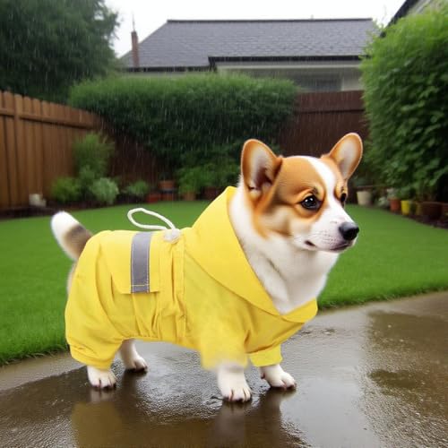 Hunde-Regenmantel mit Kapuze für kleine Hunde, leichte reflektierende Regenjacke, Poncho mit Loch, lustige Kostüme, Regenbekleidung für Welpen, Regenmäntel mit Loch für die Leine (Gelb, XS)
