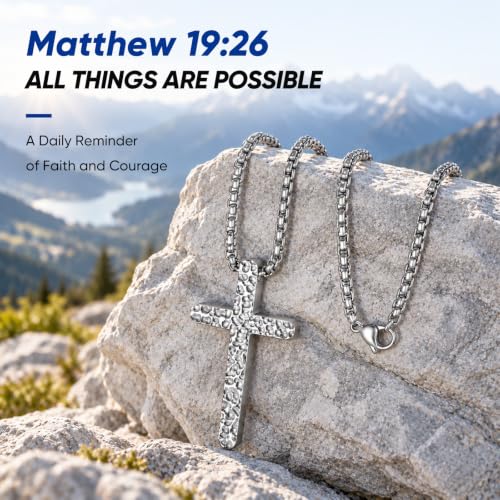 Hammered Cross Necklace for Men, Matthew 19:26 Stainless Steel Pendant - image 4