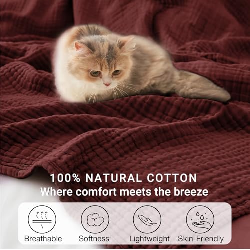 Image of 100% Cotton Muslin Blanket Queen 90 inch x 90 inch, 6 Layers Breathable and Lightweight Cotton Throw Blankets for Bed, Soft Cooling Summer Gauze Blanket for Adults All Season, Burgundy