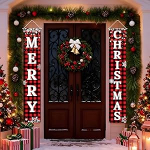 Merry Christmas Door Banners Christmas Porch Banner Red Black Xmas Door Decorations for Wall, Front Door, Yard, Door Christmas Decorations