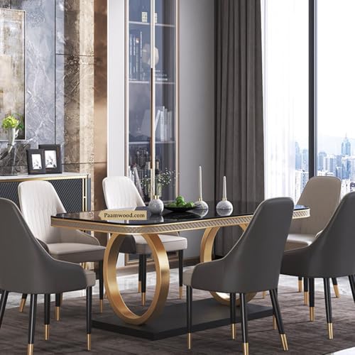 Image of 6-Seater Dining Table with Nano Composite Marble Top and PVC Golden Wooden Base |2yr Warranty - Includes 6 Fabric Upholstered Chairs (Grey&Cream)