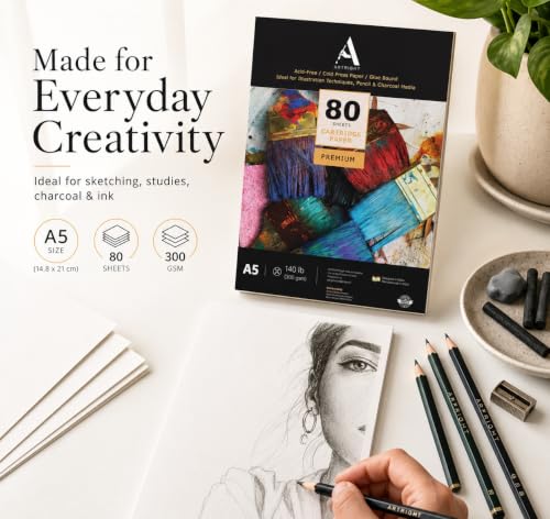 Image of ArtRight Artists' Sketching Paper (A5 Pack of 80 Sheets, 300 GSM); Handmade Cartridge Mixed Media Sheets of 300GSM for Pencil, Charcoal and Ink Media
