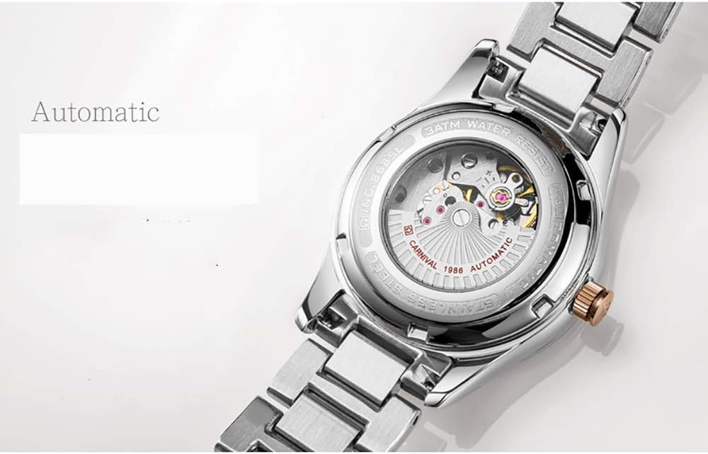 LOREO Women's Diamond Automatic Mechanical Rose Gold Stainless Steel Sapphire Waterproof Lady's Elegant White Watch (White dial) - Image 4