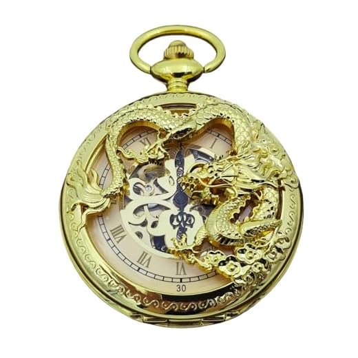 Relógio de bolso masculino mecânico retrô dourado, relógio de bolso com padrão de dragão vazado, relógio de bolso automático clássico com corda manual, com corrente adequada para combinar com várias