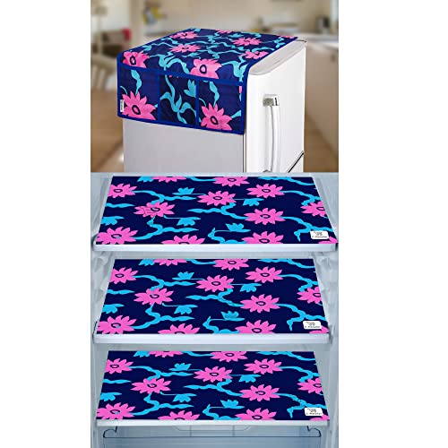 Image of Polyester 3-Layered Fridge Top Cover /Refrigerator Cover With Utility Pockets and Set of 3 Pc Fridge Mats (Color- Floral Blue, Size -39x21 Inches)
