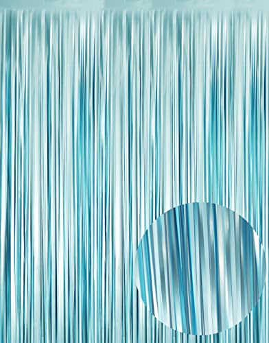 GOER 3.2 ft x 7.8 ft Metallic Tinsel Foil Fringe Curtains Party Photo Backdrop Party Streamers for Birthday,Graduation,New Year Eve Decorations Wedding Decor (1 Pack,Wavy Light Blue)
