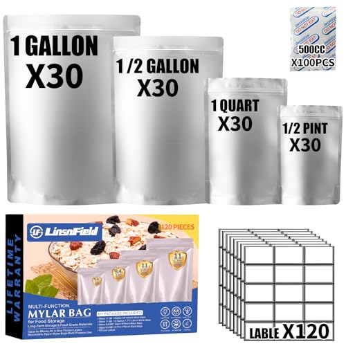 LinsnField 120PCS Mylar Bag Bundle, 4 Multi-Size Pouches(11Mil), 100x500cc Oxygen Absorbers, 120 Labels, Heat Sealable, Food Safe, BPA-Free – for Strong, Secure Long Term Food Storage, Silver