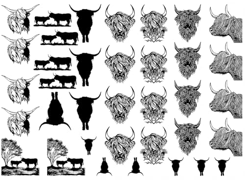 Highland Cows 36 pcs 1 Inch Black Fused Glass Decals
