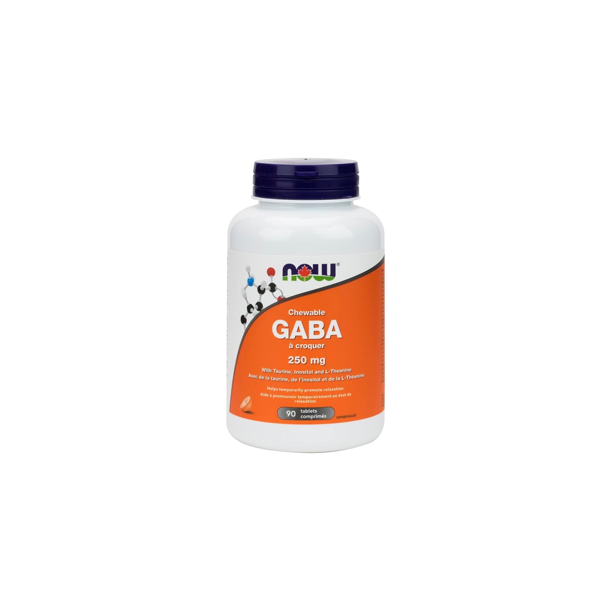 NOW GABA - Acide Gamma-Aminobutyrique, avec Taurine, 250mg, 90 Comprimés à Croquer, Saveur Orange