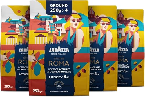 Lavazza, Tales of Italy Eternal Roma, 1 Kg, Ground Coffee, Ideal for Moka Pot, with Notes of Hazelnut & Dark Chocolate, Arabica & Robusta, Intensity 8/10, Medium Roasting, Roasted in Australia, 4x250g