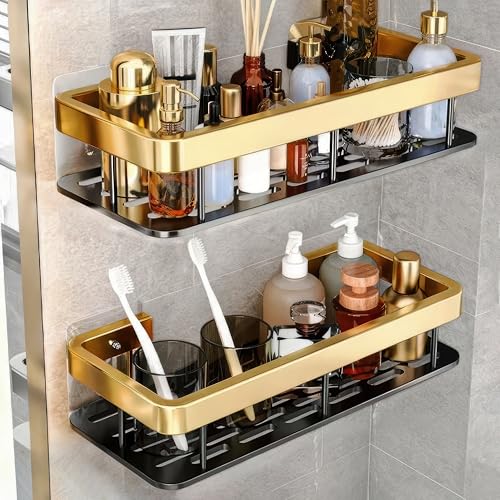 Image of amazon basics 2 Pack Self Adhesive Bathroom Shelf for Wall, Bathroom Organiser Without Drill, Kitchen Sink Organiser, Rust Resistant Wall Mounted Bathroom Rack for Shampoo, Soap & Toiletries, Black