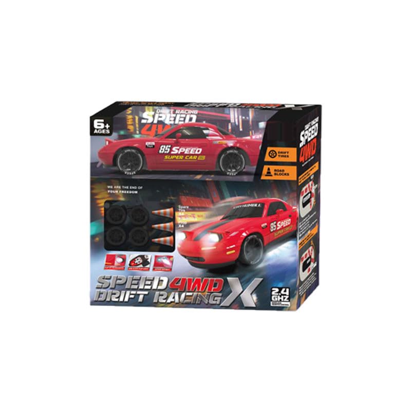 Image of 1:24 RC Drift Car 4WD, 20km /h Remote Control Car with Smoke Effect, Pop-Up Headlights, LED Lights, Drift Tires, Rechargeable Toy Car for Kids & Adults (Red)