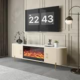 Mueble TV con Chimenea eléctrica de Tapa de Piedra sinterizada de 200 cm en Color Beige