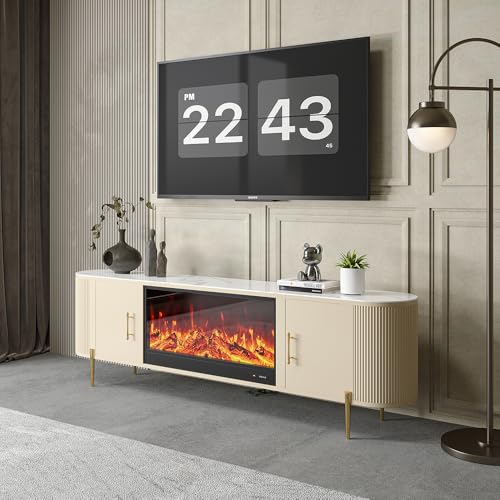 Mueble TV con Chimenea eléctrica de Tapa de Piedra sinterizada de 200 cm en Color Beige
