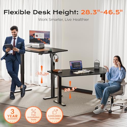 Huuger 55 x 28 Large Electric Standing Desk, Height Adjustable Computer Desk, 27.6" Deep Desktop, Stand up Gaming Office Table with 2 Hooks, 3 Preset Heights, for Home Office, Black - Image 4