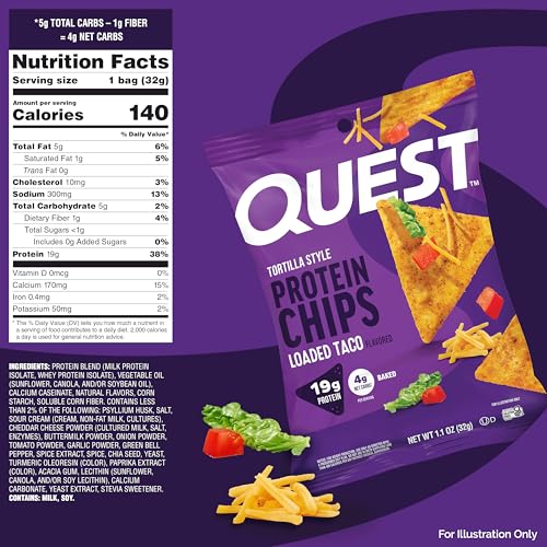 Image of Quest Nutrition Loaded Taco Tortilla Style Protein Chips, 19g Protein, 4g Net Carb, Low Carb, Gluten Free, 1.1 oz (Pack of 12)