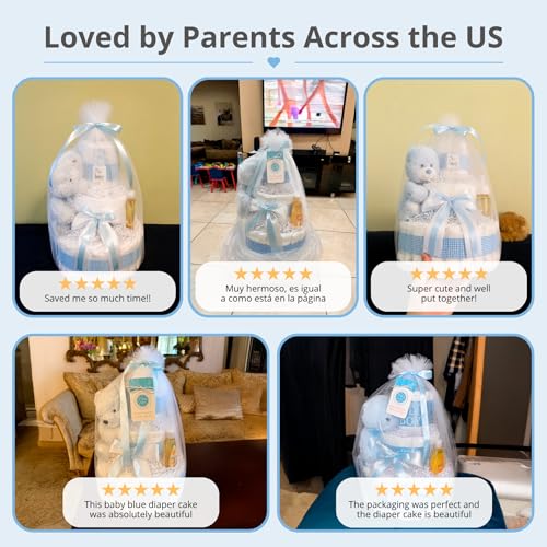 Image of Lil' Baby Cakes Baby Boy Diaper Cake for Baby Shower - Blue Premade Gift | Handmade 3-tier tower: 42 Swaddlers Size 1 diapers, Gund teddy bear & baby shampoo - newborn keepsake, ready to gift