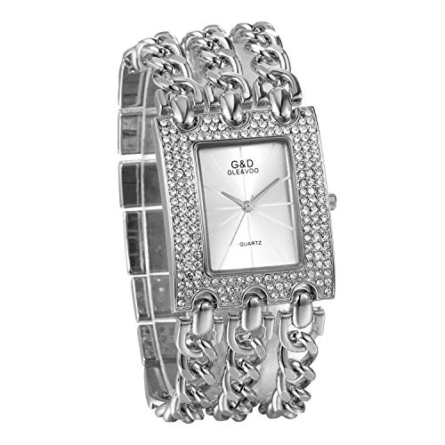 JewelryWe Montre Femme Hip Hop Cadran Carré Full Diamond à Diamants Et Bracelet Chaîne (Argenté)