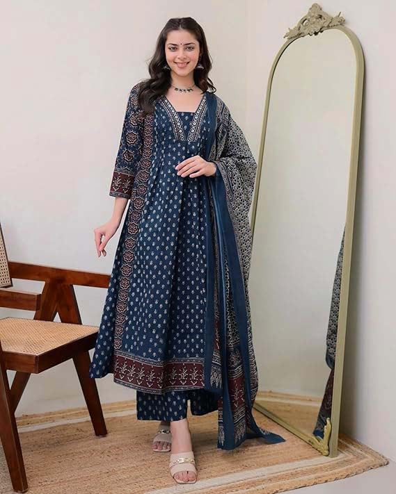 Image of SKY FAB Women's Rayon Printed Anarkali Kurta and Pant with Dupatta Set (Large Size Available)