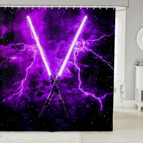 Erosebridal Purple Lightsaber 72" W X 72" L Kids Fabric Shower Curtain,Neon Lightning Shower Curtain for Boys Girls Teens Gradient Waterproof Bathroom Curtains Purple