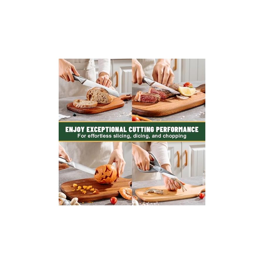 Knife Set, EWFEN 14-Piece Kitchen Knife Set with Block, German Stainless Steel Knives with Built-in Knife Sharpener, Anti-Slip Sharp Knives Set for Kitchen, Dishwasher Safe, Concave-dotted Handle