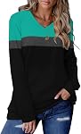 KISSMODA Women's V Neck Long Sleeve T Shirt Casual Color Block Plain Tunic Tops for Leggings Pullover