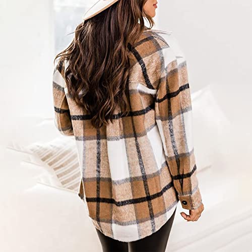 Womens Casual Plaid Flannel Shacket Jacket Oversized Button Down Long Sleeve Fall Shirt Jacket Coats Shirts3