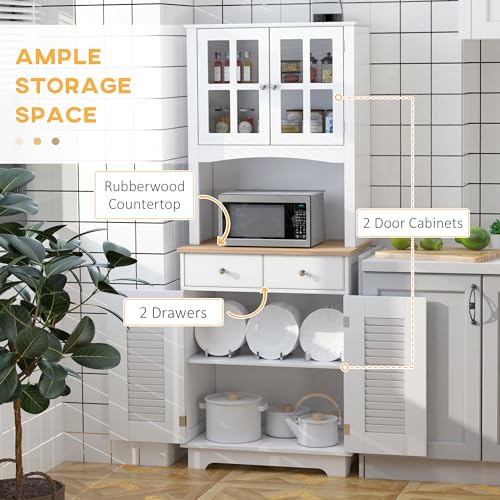 HOMCOM Kitchen Cupboard, Free Standing Kitchen Unit, Tall Storage Cabinet with Louvered Doors, Glass Doors and 2 Drawers, White - Image 4