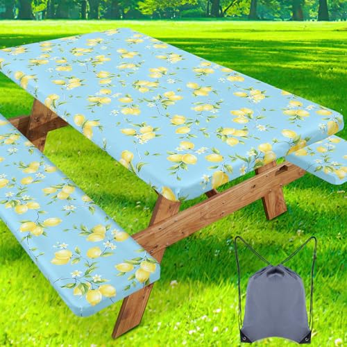 Image of misaya Picnic Table Cover with Bench Cover, Waterproof Elastic Fitted Tablecloth for 6 Foot Tables, Rectangle Washable Polyester Fabric Tablecloths for Picnic, Camping, Outdoor (Lemon, 30 inch x 72 inch)