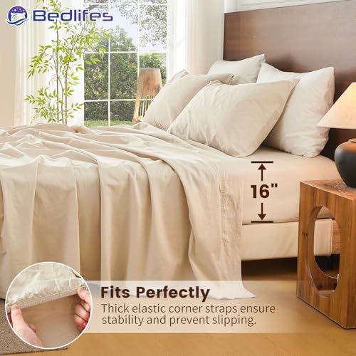 Image of Bedlifes 100% French Linen King Bed Sheet Set - 16 inch Deep Pocket, 4-Piece | Soft & Durable, Breathable & Cooling, Pure Flax Linen, OEKO-TEX Certified, Moisture-Wicking, Easy Care, Machine Washable