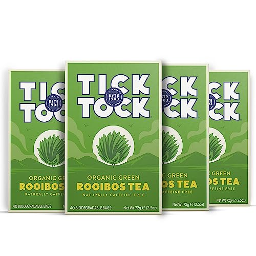Tick Tock Organic Green Tea Bags Rooibos, Naturally Decaf Green Tea Bags, Caffeine-Free, Pack of 4X 40 (160 Teabags) Biodegradable, Redbush Tick Tock Organic Green Tea Bags Rooibos, Naturally Decaf Green Tea Bags, Caffeine-Free, Pack of 4X 40 (160 Teabags) Biodegradable, Redbush