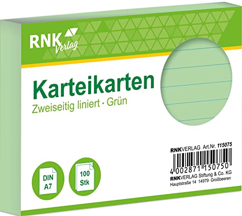 RNKVERLAG 115075 - Karteikarten liniert 7 mm, grün, DIN A7, 1 Packung à 100 Karten