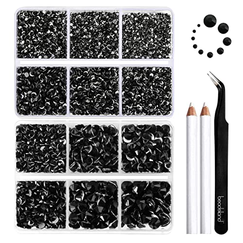 Image of Beadsland 8300PCS Flatback Rhinestones, Black Rhinestone Round Crystal Rhinestones for Crafts, Mixed 10 Sizes with Wax Pencil and Tweezer Kit, SS3-SS30, Jet Black | Crystal Rhinestone Round, for Crafts Nails,With Wax Pencil and Tweezers Kit, SS3-SS30, Jet Black